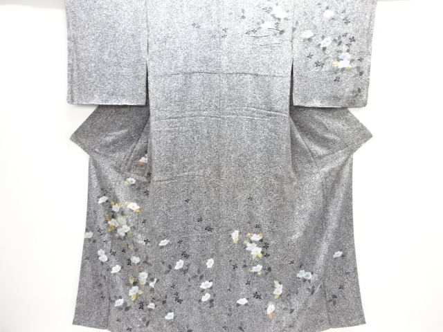 JAPANESE KIMONO / UNUSED HOMONGI / SILK / EMBROIDERY / SCATTERED NORI & CAMELLIA